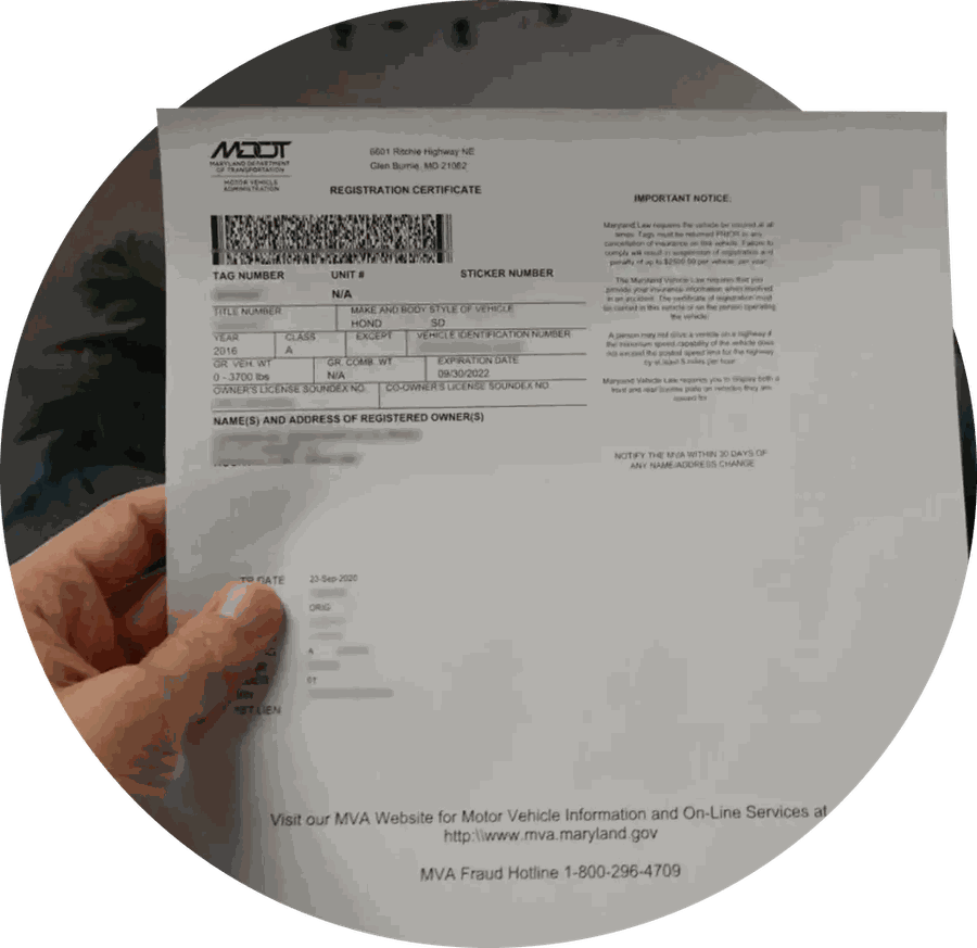 Maryland vehicle registration certificate processed by 1A Maryland Registration